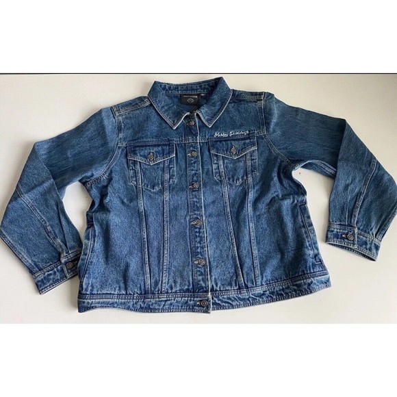 New Harley Davidson Motorcycle Denim Jean Jacket Women’s Size SMALL Logo On Back - Picture 2 of 6
